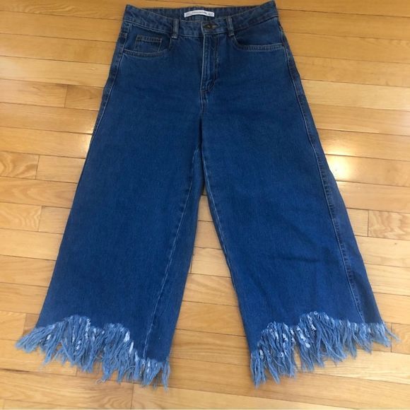 ZARA  Hi Rise Frayed Hem Cropped wide leg Jeans 2 - Picture 9 of 9